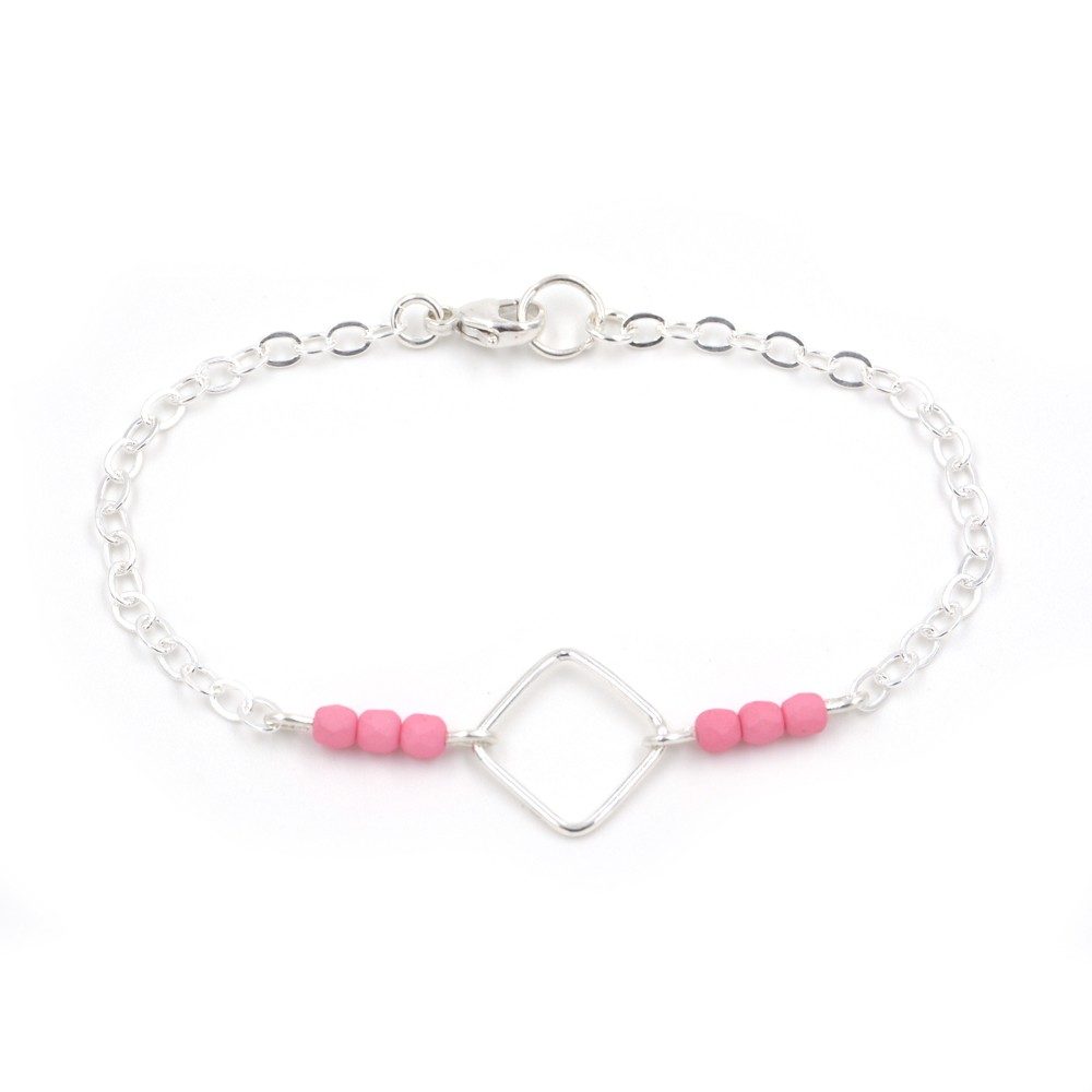 bracelet carré perles roses- argent 925 - fait main - samebijoux