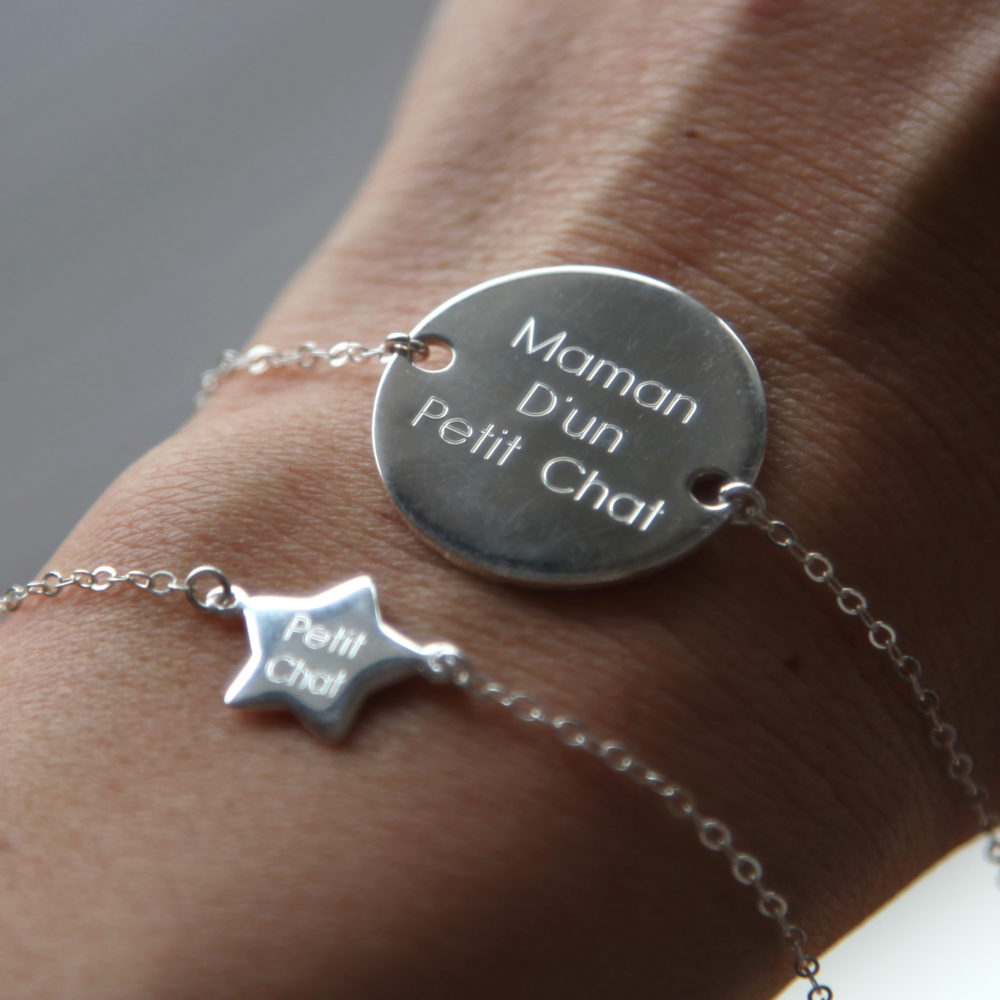 Duo de bracelets MAMAN BÉBÉ – Maman d’un Petit Chat – Petit Chat – ARGENT 925