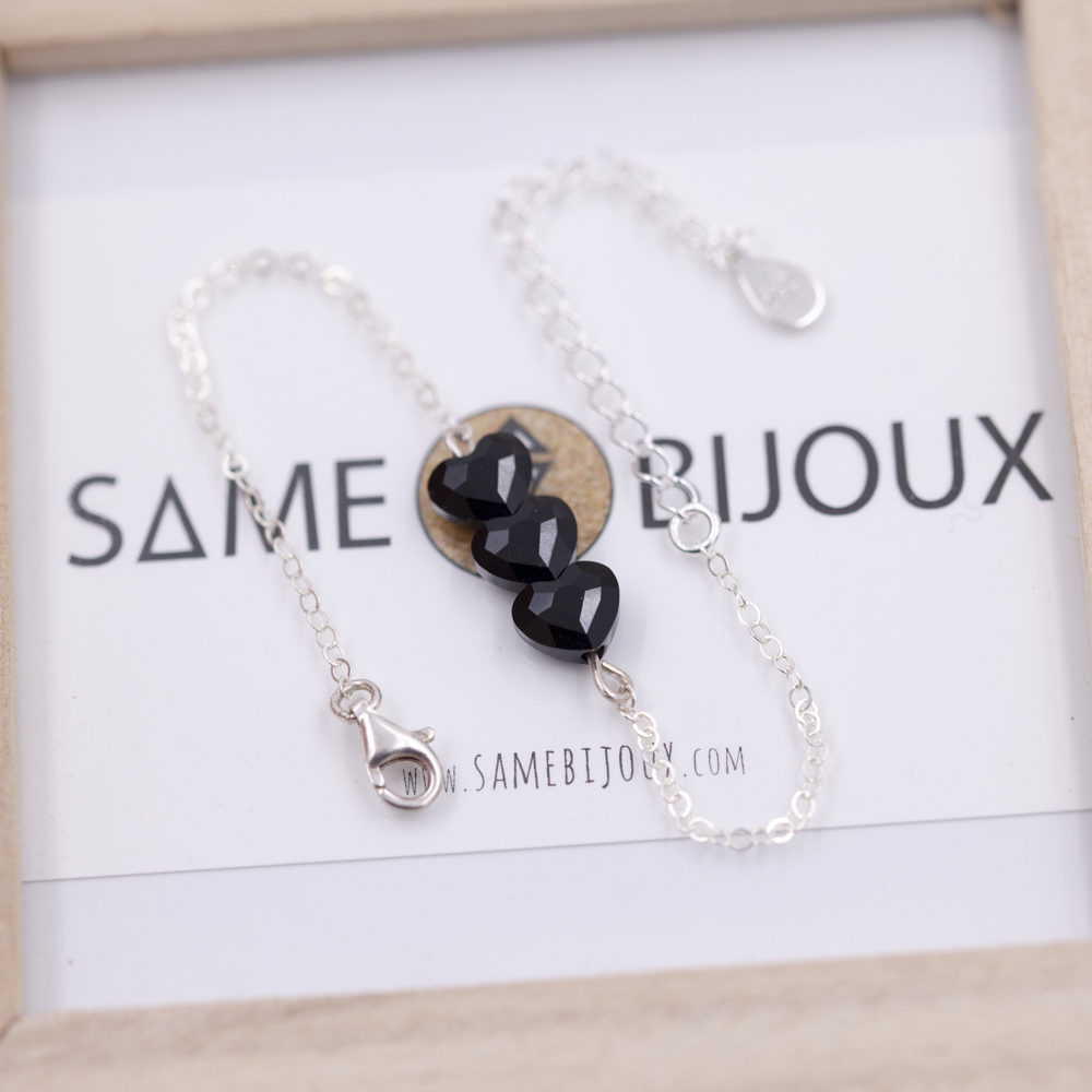 Bracelet Coeurs Swarovski noir - Argent 925 - ajustable