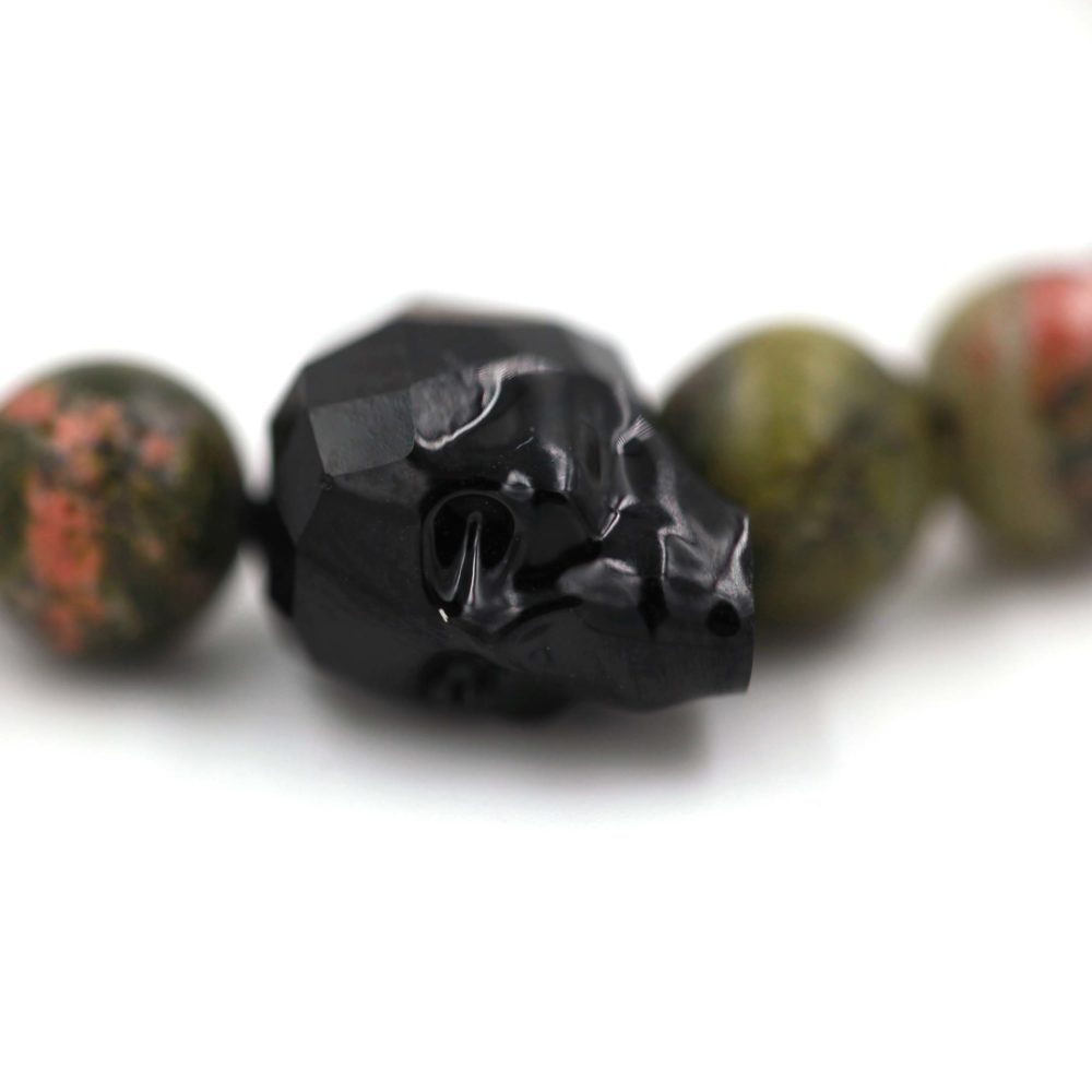 bijou homme - argent 925 - Perles pierre gemme unakite - tête de mort Swarovski