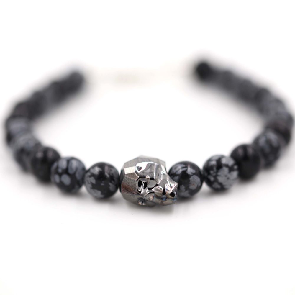 Bracelet homme – Tête de mort chromé et obsidienne – ARGENT 925