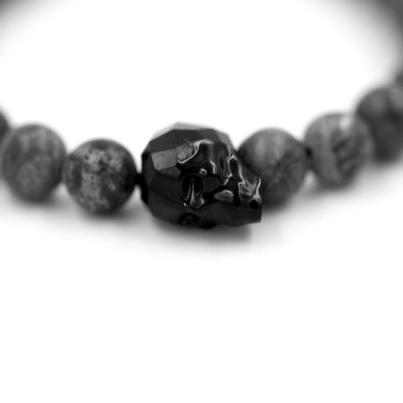 bijou homme – argent 925 – Perles pierre gemme Obsidienne Mouchetée – tête de mort Swarovski