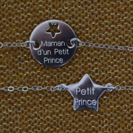 bracelet maman et bebe gravés : « Maman d’un Petit Prince » et « Petit Prince » -argent 925 – personnalisable – idée cadeau de naissance