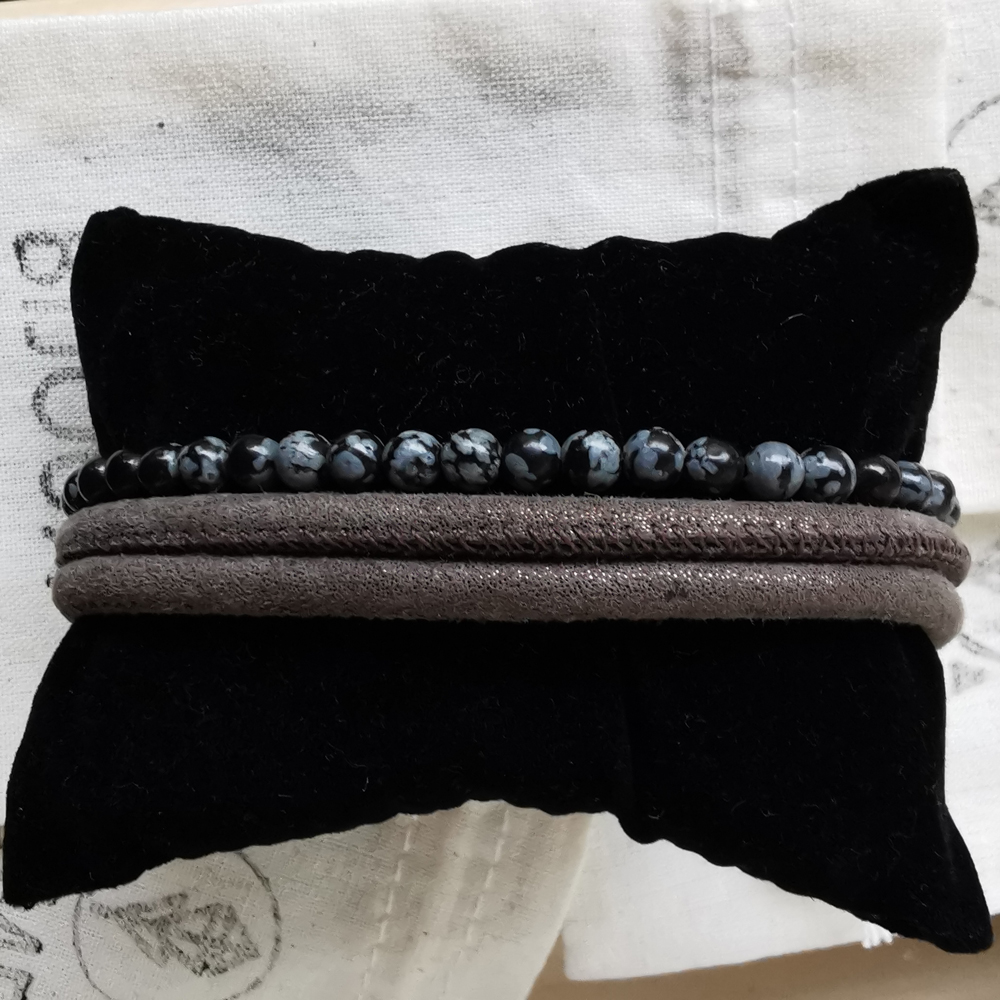 Bracelet homme - 3 rangs et obsidiennes mouchetées - ARGENT 925