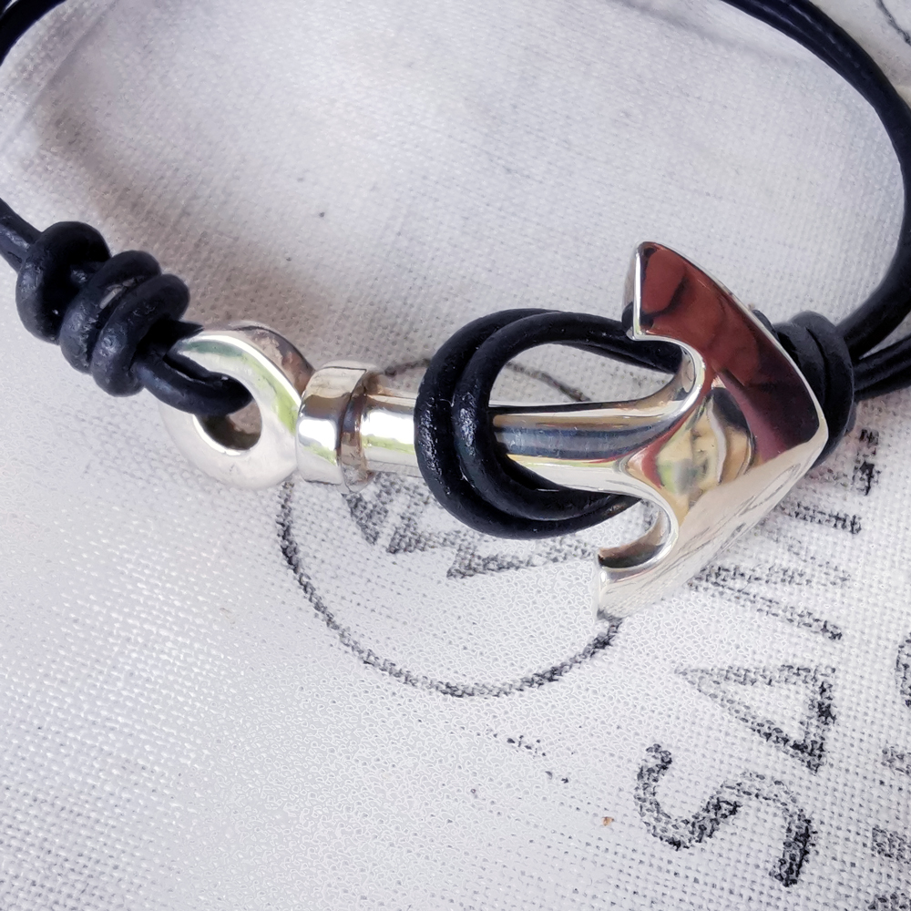 bracelet homme - ancre et cordon cuir - argent 925