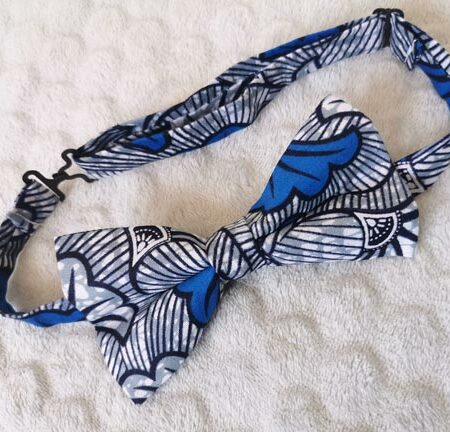 Nœud papillon adulte – wax fleurs de mariage – bleu et gris