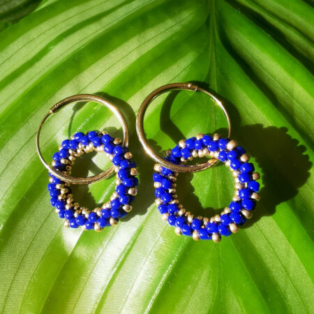 Créoles Doubles anneaux – pampille – Argent 925 plaqué or – bleu roi