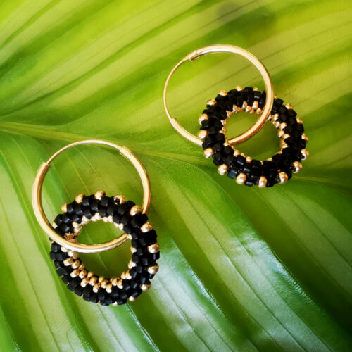 Créoles Doubles anneaux - pampille – Argent 925 plaqué or - noir