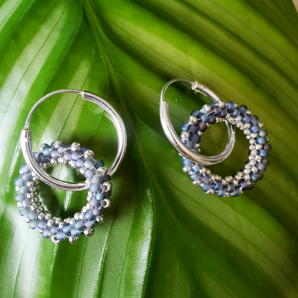 Créoles Doubles anneaux - pampille – Argent 925 - bleu denim